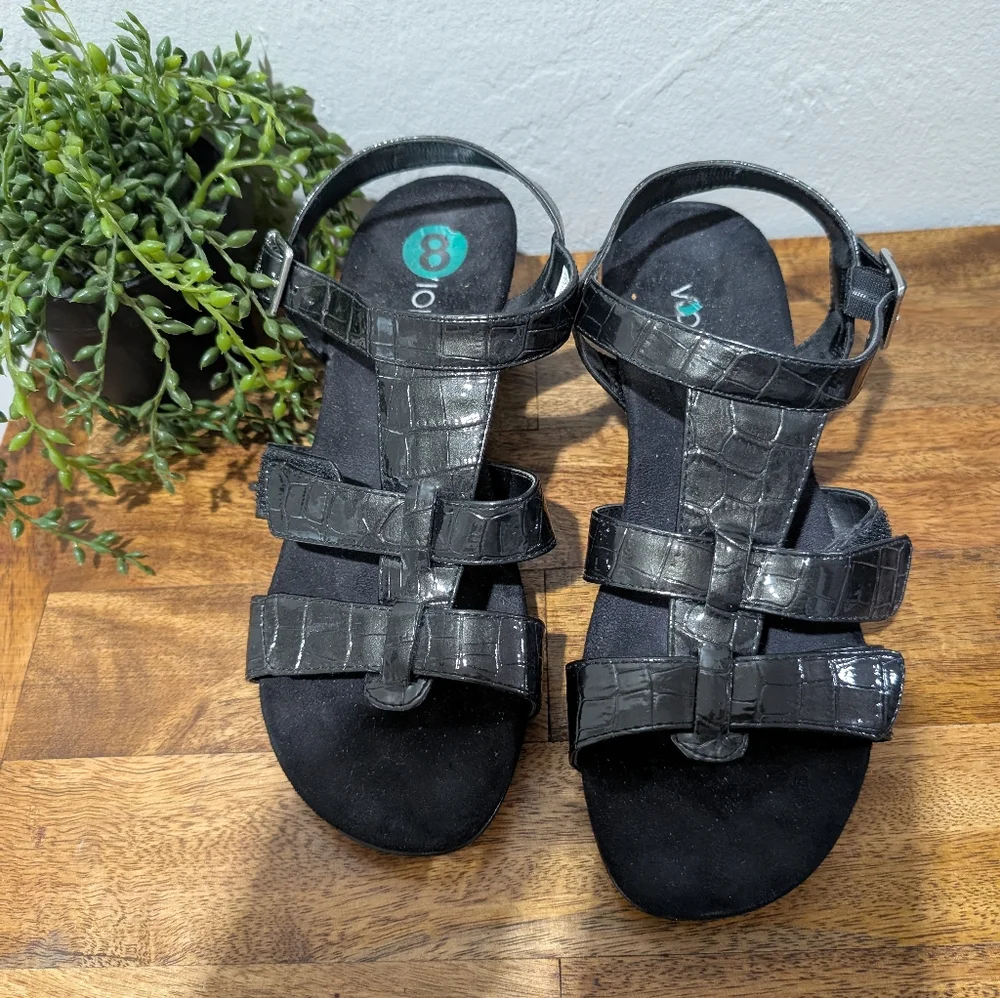 Vionic Orthaheel Glenda T-strap Faux Croc Vegan Leather Black US 8 EU 39 TVW4402